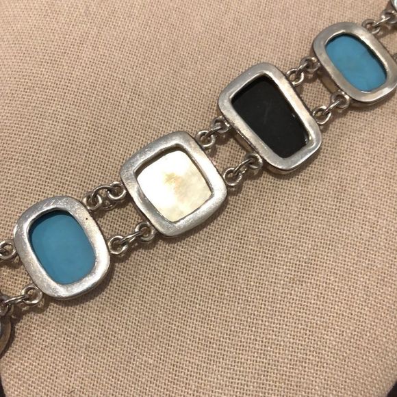 Sterling Silver Mother of Pearl Black & Turquoise Cabochon Linked Bracelet - Picture 4 of 10